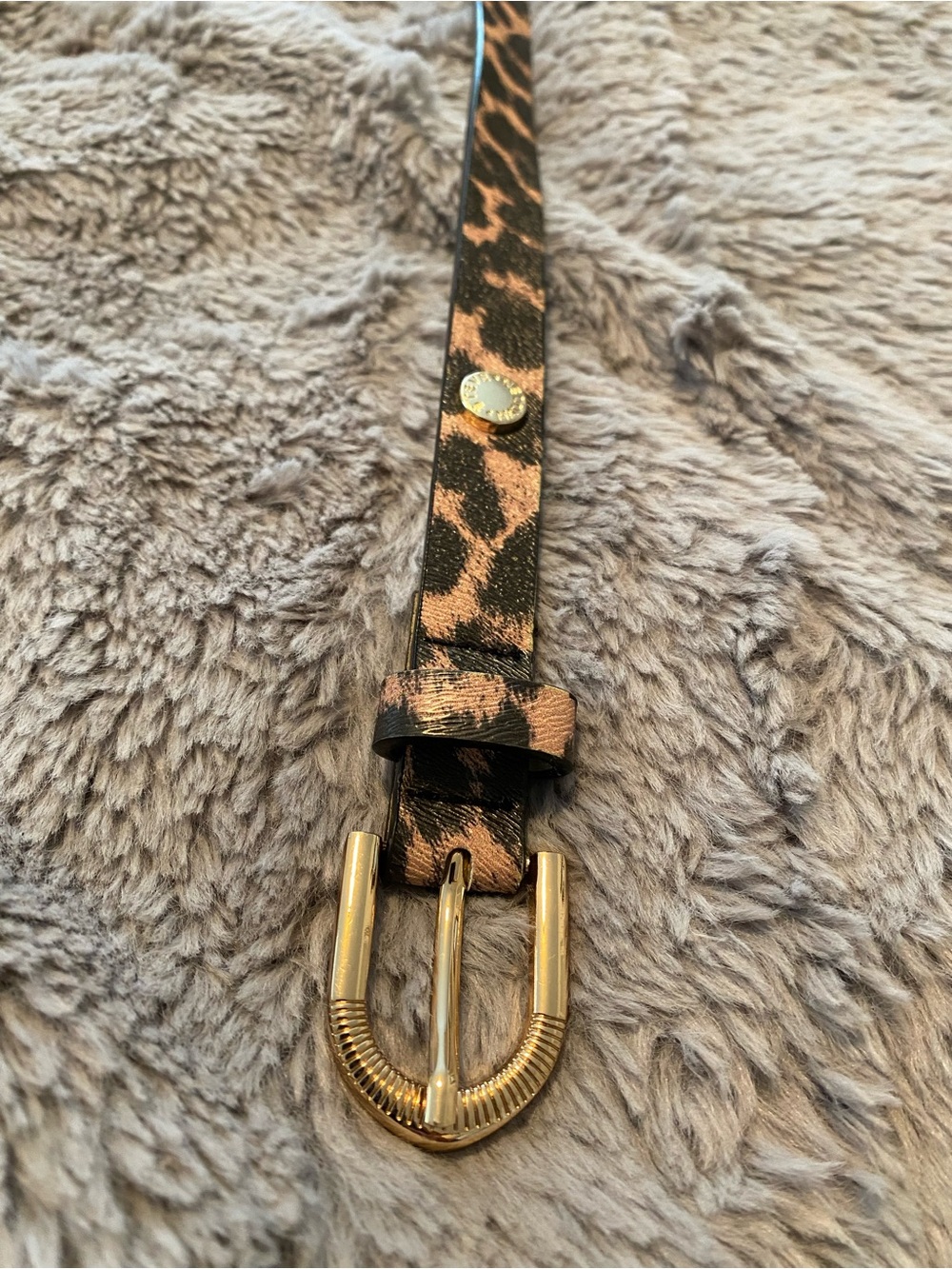 Steve Madden Black and Tan Leopard Print Belt with Gold Logo Stud